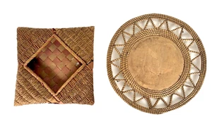 Pr of Antique/Vintage Native Amer Handkerchief Ash Splint Baskets/Birch Bark Mat - Picture 1 of 16