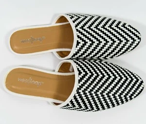 Women's West Loop Black White Woven Faux Leather Flats Open Back Sandals Sz 5-6 - Picture 1 of 3