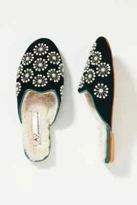 Anthropologie Beaded Velvet Mules Slippers Fur Faux Shearling Size 37 6.5 US NEW - Image 1 of 4