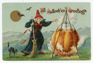 Halloween Hexe JOL Kessel schwarze Katze Fledermäuse - Bild 1 von 2