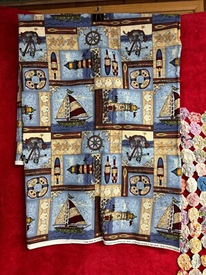 2+ Yards of Fabric Nautical Design with Lighthouse Sailboat Anchors Buoys - Image 1 of 3
