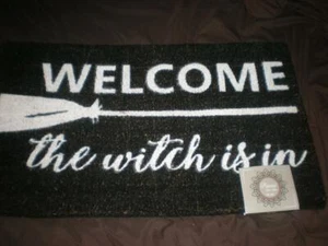 HALLOWEEN BLACK "WELCOME" "THE WITCH IS IN" COIR DOOR MAT VINYL BACK RUG18"X30" - Picture 1 of 1
