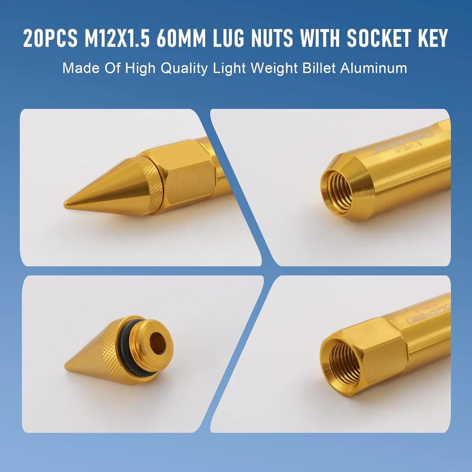 Tuercas Con Puas Para Llantas De Rines Aros M12X1.5 Extendido 60mm Aluminio 20 piezas Foto 1 de 4