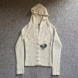 Free People Crochet Sweater Womens Small Cream Open Knit Hood Button Wool Blend - Picture 1 of 18