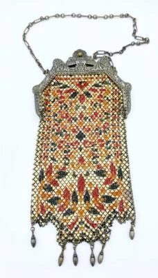 Cartera antigua de malla esmaltada mandaliana Art Deco roja y naranja con gotas Foto 1 de 4