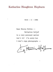KATHARINE HEPBURN-SIGNIERT-TYPISIERTER BRIEF-NOTIZ AUF PERSÖNLICHEM BRIEFPAPIER-1986-SCHREIBTISCHSET - Bild 1 von 1