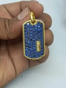 Dog Tag Pendant 2Ct Round Lab-Created Sapphire 14k Yellow Gold Plated Free 18"in