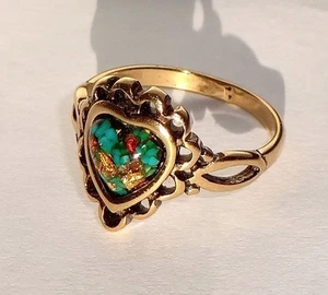 Gold Nickel Ring with Blue Turquoise, Silver, Gold, Copper Flecks, Size 7-1/4 - Picture 1 of 5
