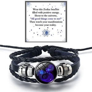 Zodiac Signs Spirit Bracelet For Women Men, 12 Constellation Leather Multilayer - Picture 1 of 6