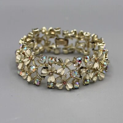 Pulsera vintage Coro esmalte blanco flor y aurora boreal estrás años 50 AB Foto 1 de 4