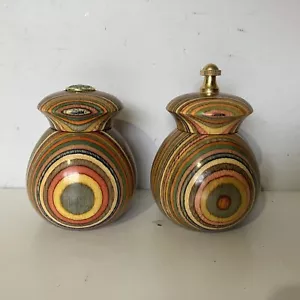 Vintage Mr Dudley Wooden Pepper Mill & Salt Shaker Set Rainbow Stripe Wood - Picture 1 of 9