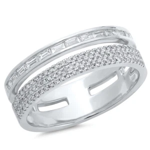 Womens 0.54 CT 14K White Gold Natural Baguette Round Cut Diamond Open Band Ring - Picture 1 of 3