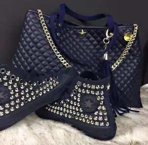 Converse All Star Alte Nere Custom personalizzate con Borchie argento stella - Foto 1 di 1