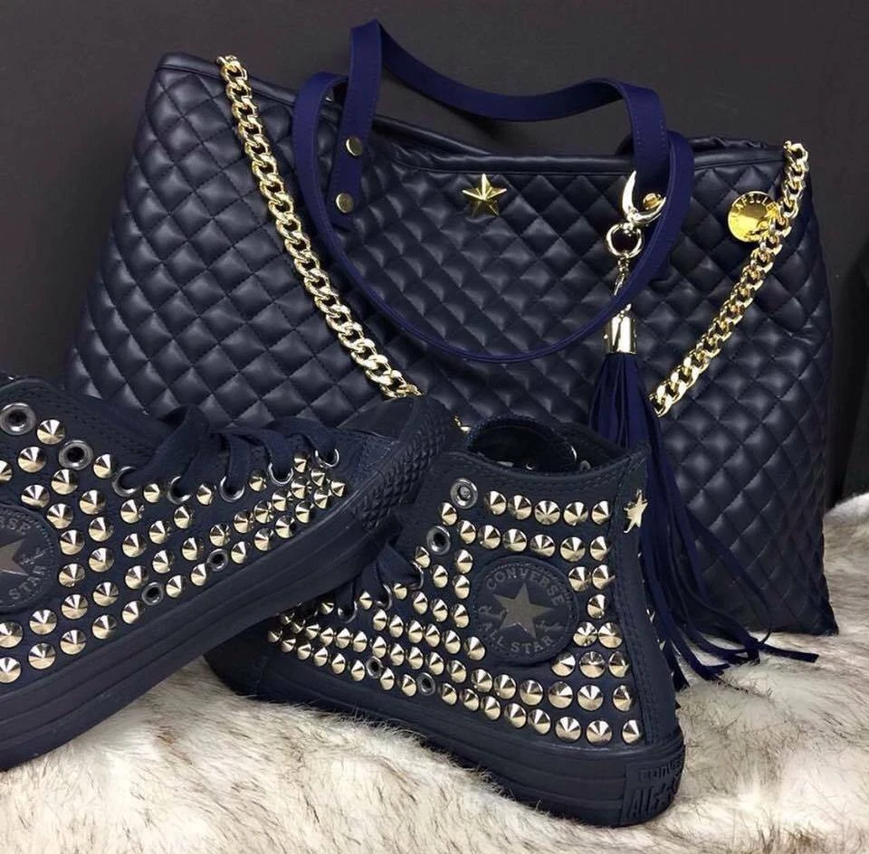 Converse All Star Alte Nere Custom personalizzate con Borchie argento stella - Immagine 1 di 1