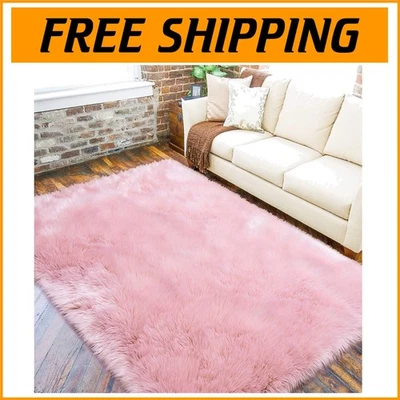 Alfombra gruesa de felpa rosa imitación piel 4' x 6' - Ideal para dormitorio y sala de estar Foto 1 de 4