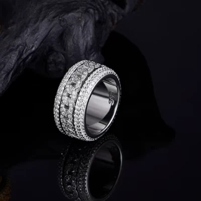 Men's Platinum 925 Sterling Silver Full Moissanite Rotation Chain Ring (7.5-11.5 - Image 1 of 4