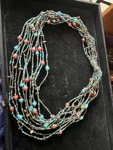 22" necklace 12 strand turquoise and chocolate brown seed beads, magnetic catch - Picture 1 of 4
