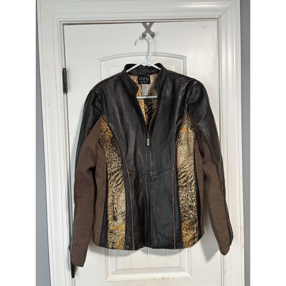 Moto Jacket KOOS OF COURSE ART TO WEAR Tweed Animal Women Leather BLAZER Large - Image 1 of 3