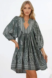 JAASE - Boheme Mini Dress: Mandarin Collar Slimline Smock Dress in Constance ... - Picture 1 of 9
