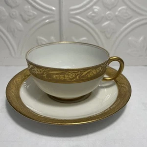 1900-1930 Antique Limoges France MF & Co Chicago Wheat Gold Trim Tea Cup Saucer - Picture 1 of 14