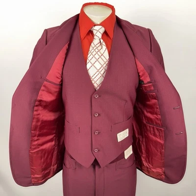 Vintage 60s 70s Leisure Suit Mens 36 Jacket 34 Pants Vest Burgundy NOS Disco Mod - Image 1 of 4