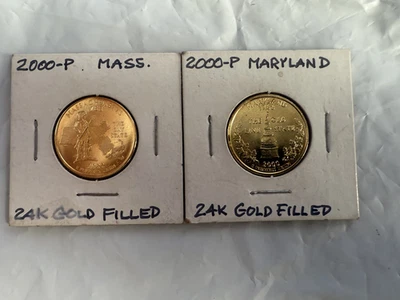 2000 25c 24K Gold Plated State Quarter MARYLAND & MASSACHUSETS R27 - Image 1 of 4