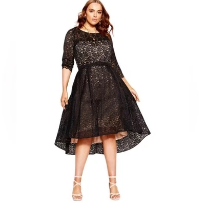 Vestido City Chic Mujer Talla Grande 20 Negro Encaje Amante Alto Bajo Midi Cinturón Nuevo con Etiquetas Línea A Foto 1 de 4