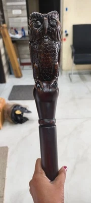 Mango de cabeza de diseño de búho marrón madera caminar trabajo elegante bastón hecho a mano Foto 1 de 4