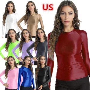 Women Long Sleeveless Shirts Shiny Glossy Slim Fit Yoga Sport Running T-shirt - Picture 1 of 98