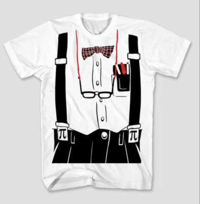 NUEVO CON ETIQUETAS Camiseta Nerd Para Hombre Disfraz Pajarita Tirantes Estampado Blanco S,M, L XL, XXL  Foto 1 de 4