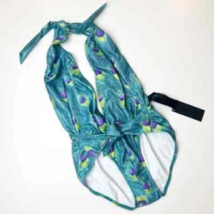 Daniela Corte Damen Gr. XS Pfau tiefer V-Ausschnitt Einteiler Neckholder Badeanzug - Bild 1 von 12