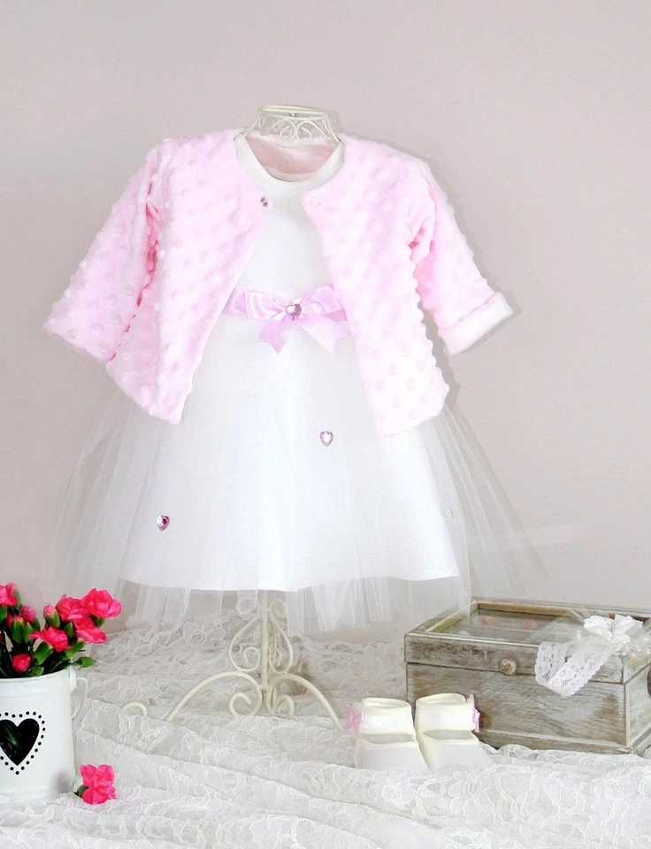 Baby Mädchen Kleid Set Bolero Taufe Hochzeit Festlich Tüll Asanti Neu Weiß Rosa - Bild 1 von 2