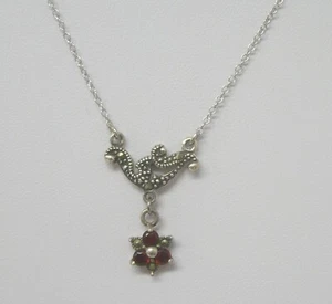 Delicado Collar Lavaliere Marcasita Mandarina Granate Firmado 925 A - Imagen 1 de 9