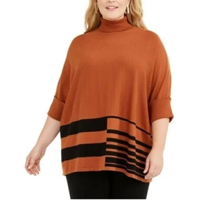 Alfani Womens Plus 0X Orange Black Striped Poncho Turtleneck Sweater NWT DA15 - Picture 1 of 3