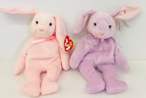 Easter Bunny Rabbit Stuffed Plush Lot Of 2 Hoppity Pink  Floppity Purple Beanie - Picture 1 of 6