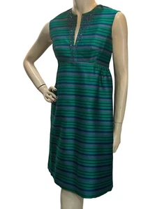 Sz S~M Vtg 60s STRIPE Shantung Silk Party Dress GREEN BLUE Vassar Empire Waist - Picture 1 of 10