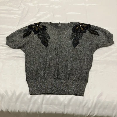 Винтажный 80-х бисером свитер переливающийся цветочный вышитый вечеринки доломан рукав - Изображение 1 из 4