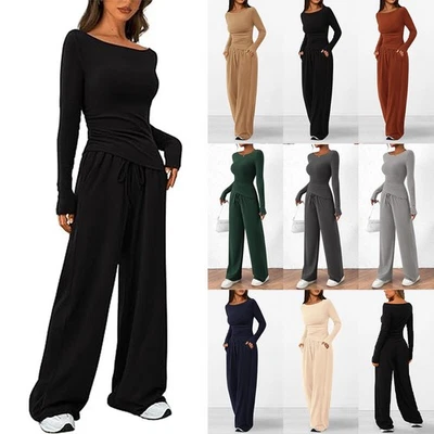 UK Ladies Women's Sportswear Shirts Tops Wide Leg Pants Casual Wear Sets - Image 1 of 4