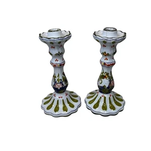 Candelabri vintage dipinti a mano in maiolica floreale italiana riparati così come sono - Foto 1 di 21