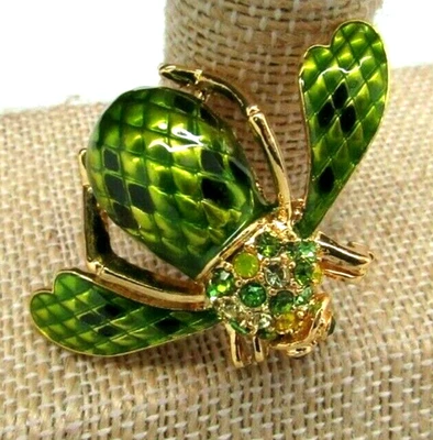  JOAN RIVERS 水晶珐琅 绿色 PYTHON SNAKE SKIN EFFECT 蜜蜂胸针 全新 — 第 1/4 张图片