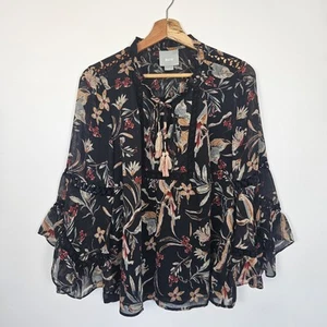 Anthropologie Maeve Floral Peasant Blouse Women's Size Large Style Odette Black - Picture 1 of 12