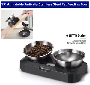 Stainless Steel Pet Cat Dog Kitten Puppy 15° Adjustable Feeding Bowl Double - Picture 1 of 25