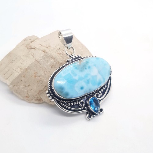 VETEMENTS "Ciondolo Pietra Preziosa Topazio Blu Larimar Naturale Argento Sterling 925 Gioielli 2 5"