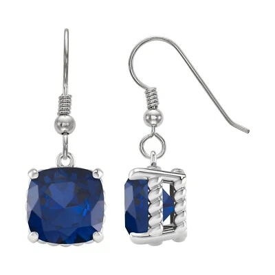 12MM Cushion Lab Created Blue Sapphire 14k White Gold Plated 925 Dangle Earrings - Image 1 of 4