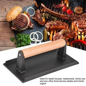 Commercial Cast Iron Steak Weight Wooden Handle Bacon Grill Hamburger Press - Picture 1 of 10