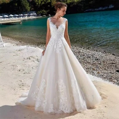 Beach Wedding Dresses Sleeveless V Neck Lace Appliques A-Line Bridal Gowns Train - Image 1 of 4