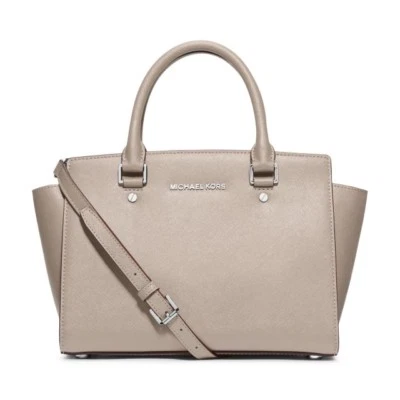 NUEVO CON ETIQUETAS Michael Michael Kors Selma Cartera de Cuero Mediana CEMENTO Arcilla Beige AUTÉNTICA Foto 1 de 4