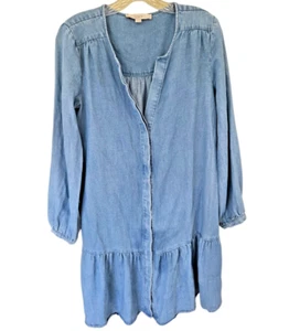 LOFT Chambray Flounce Dress Women's S Split Neck Blouson Sleeves Lyocell Linen - Picture 1 of 8