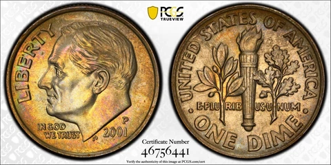 True Rainbow Toned PCGS MS66FB 2001 P Roosevelt Dime 10c Trueview PQ Clad Color Cover