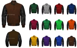 Giacca a maniche Varsity Baseball Letterman in vera pelle lana e nero XS~7XL - Foto 1 di 36